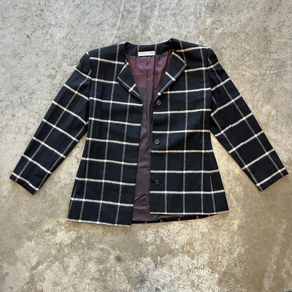 Gloria Sachs New York Wool Windowpane Plaid Collarless Blazer Vintage Jacket 10